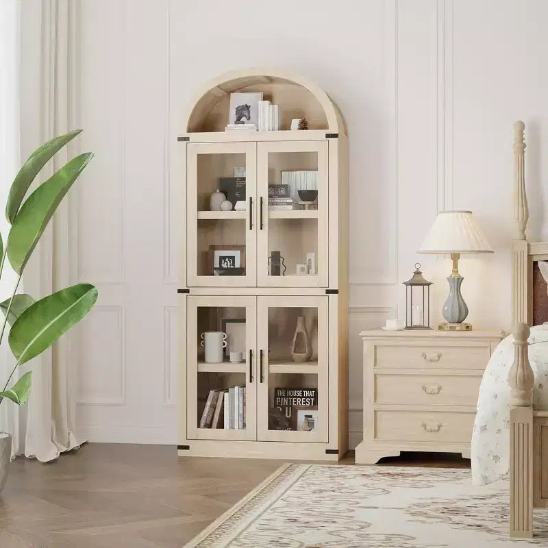 Bibliothèque arquée de 183 cm CuisinSmart, étagère de style ferme moderne avec 4 portes vitrées/en bois et étagère ouverte, meuble de rangement autonome.