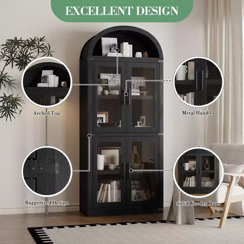 Bibliothèque arquée de 183 cm CuisinSmart, étagère de style ferme moderne avec 4 portes vitrées/en bois et étagère ouverte, meuble de rangement autonome.