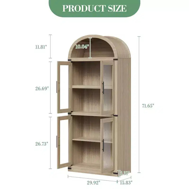 Bibliothèque arquée de 183 cm CuisinSmart, étagère de style ferme moderne avec 4 portes vitrées/en bois et étagère ouverte, meuble de rangement autonome.