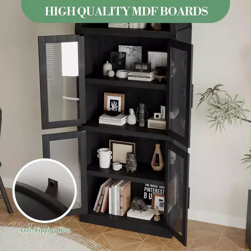 Bibliothèque arquée de 183 cm CuisinSmart, étagère de style ferme moderne avec 4 portes vitrées/en bois et étagère ouverte, meuble de rangement autonome.