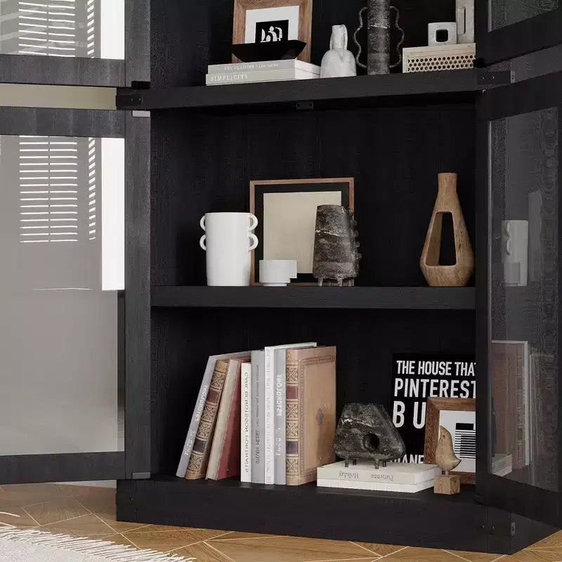 Bibliothèque arquée de 183 cm CuisinSmart, étagère de style ferme moderne avec 4 portes vitrées/en bois et étagère ouverte, meuble de rangement autonome.