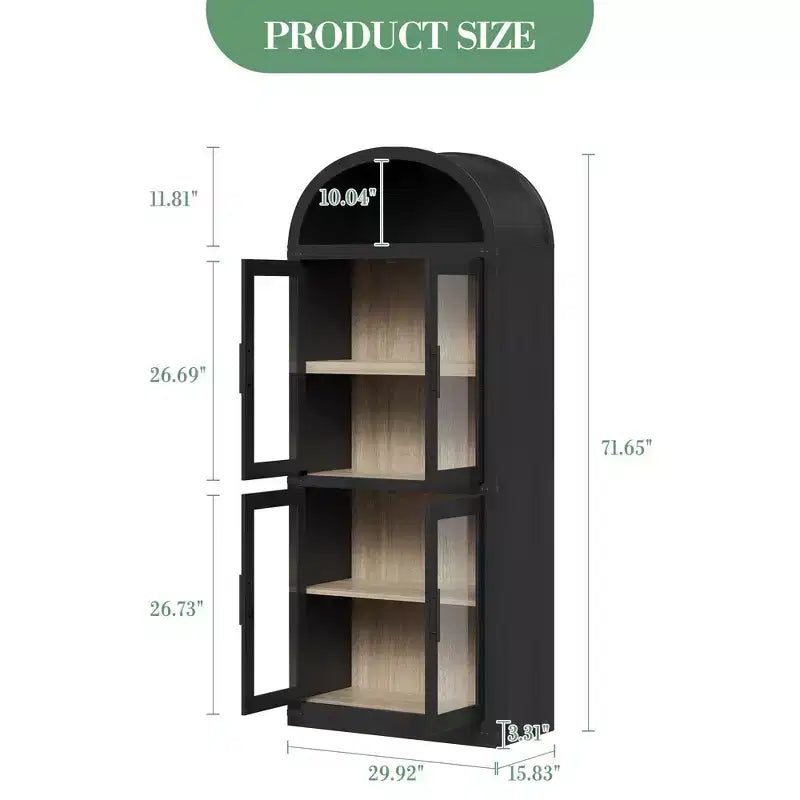 Bibliothèque arquée de 183 cm CuisinSmart, étagère de style ferme moderne avec 4 portes vitrées/en bois et étagère ouverte, meuble de rangement autonome.