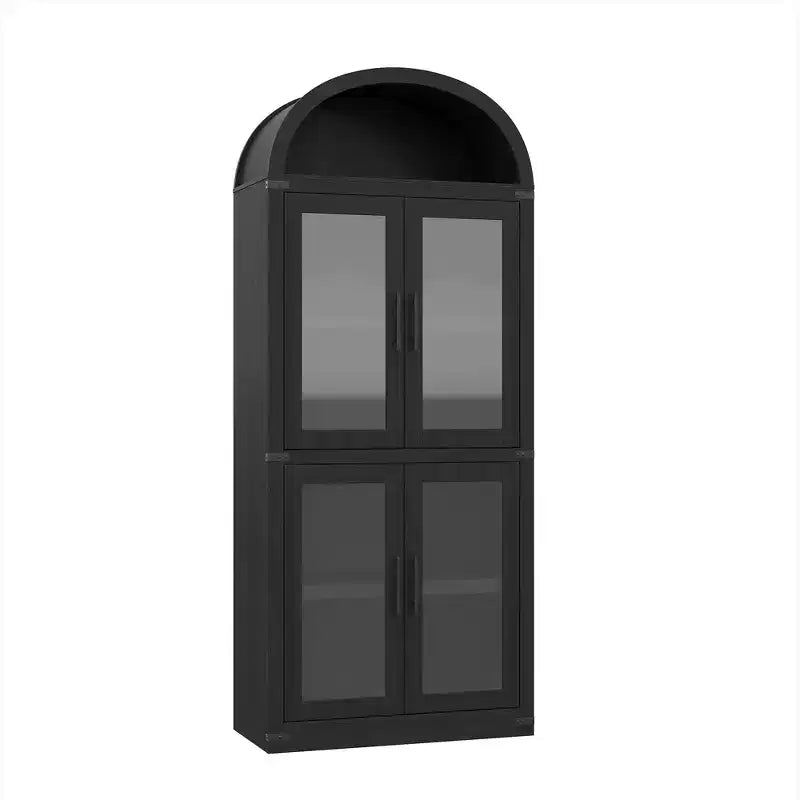CuisinSmart 72in Tall Arched Bookshelf, Modern Farmhouse Bookcase with 4 Glass/Wood Doors & Open Shelf, Freestanding Display Cabinet Organizer