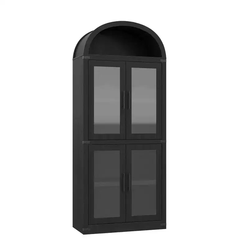 Bibliothèque arquée de 183 cm CuisinSmart, étagère de style ferme moderne avec 4 portes vitrées/en bois et étagère ouverte, meuble de rangement autonome.