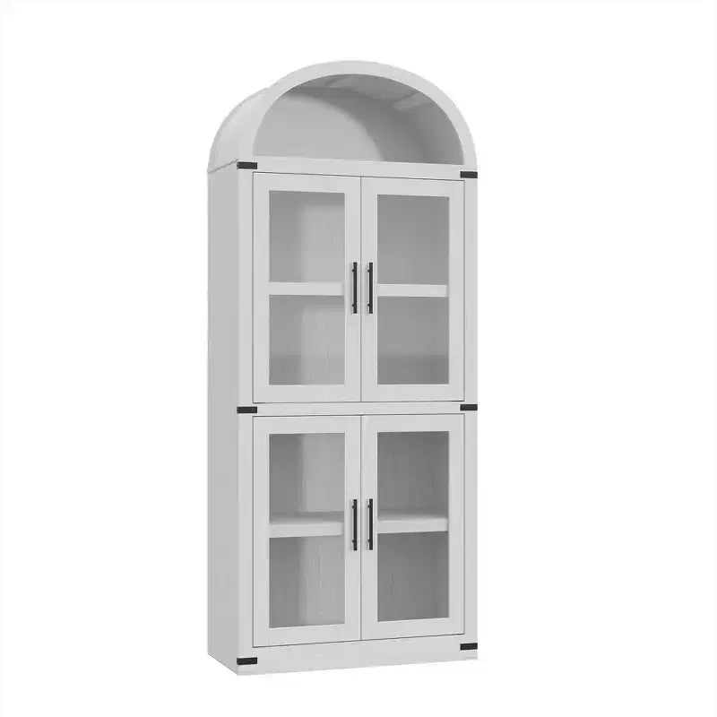 Bibliothèque arquée de 183 cm CuisinSmart, étagère de style ferme moderne avec 4 portes vitrées/en bois et étagère ouverte, meuble de rangement autonome.