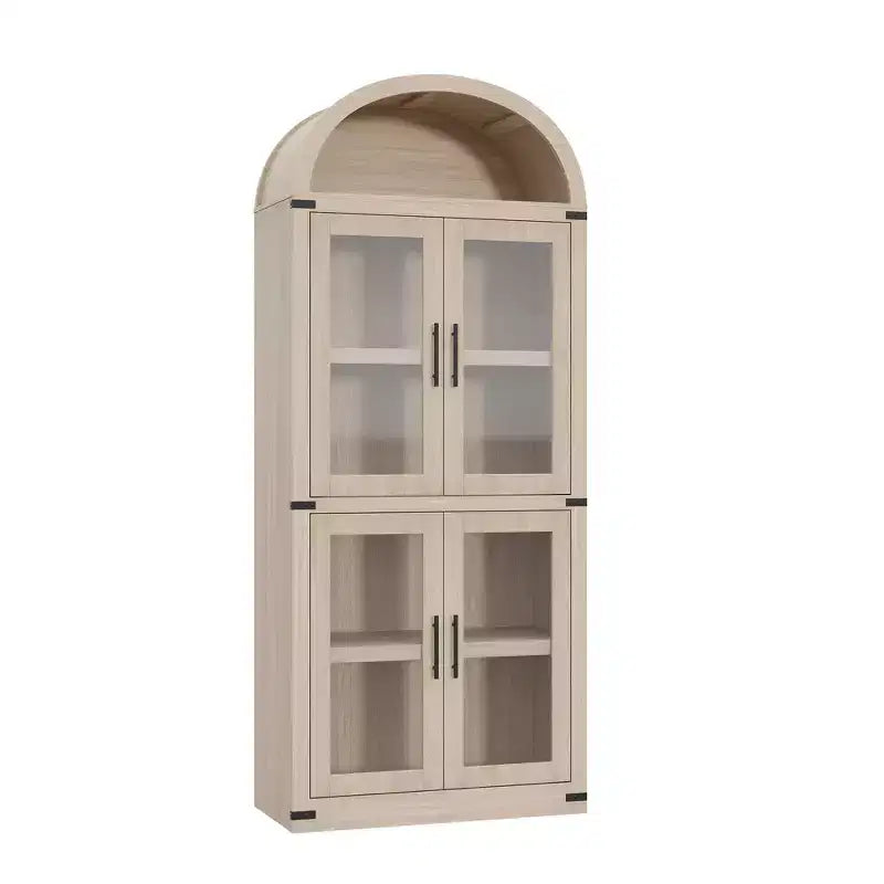 Bibliothèque arquée de 183 cm CuisinSmart, étagère de style ferme moderne avec 4 portes vitrées/en bois et étagère ouverte, meuble de rangement autonome.