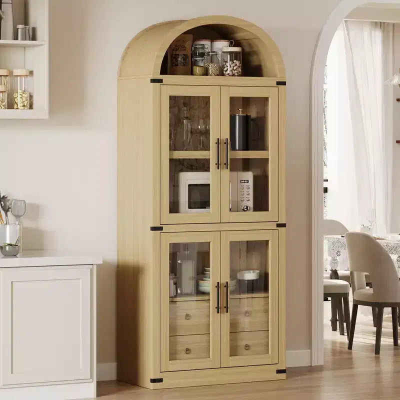 Bibliothèque haute GustoWave 71,4 pouces à arc avec 4 portes et 2 tiroirs, étagères de rangement pour vitrine de 15,8 pouces de profondeur, étagère en bois