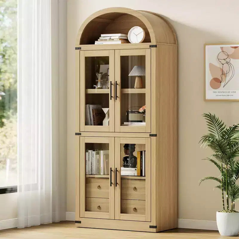 Bibliothèque haute GustoWave 71,4 pouces à arc avec 4 portes et 2 tiroirs, étagères de rangement pour vitrine de 15,8 pouces de profondeur, étagère en bois