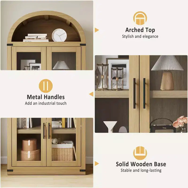 Bibliothèque haute GustoWave 71,4 pouces à arc avec 4 portes et 2 tiroirs, étagères de rangement pour vitrine de 15,8 pouces de profondeur, étagère en bois