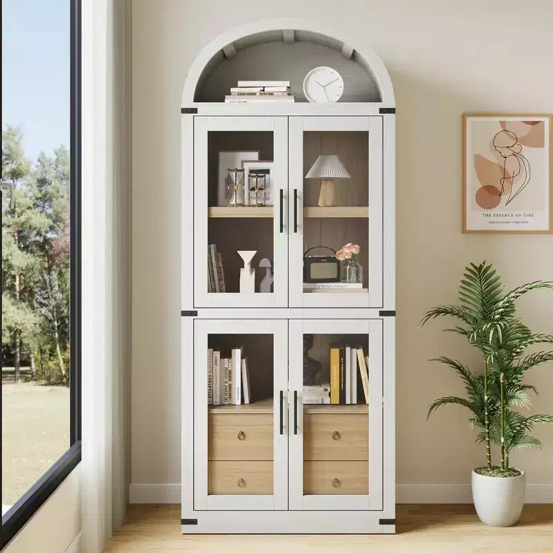 Bibliothèque haute GustoWave 71,4 pouces à arc avec 4 portes et 2 tiroirs, étagères de rangement pour vitrine de 15,8 pouces de profondeur, étagère en bois