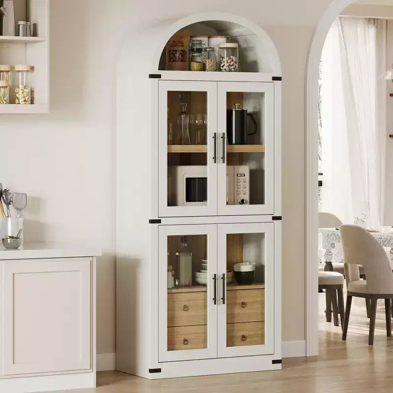 Bibliothèque haute GustoWave 71,4 pouces à arc avec 4 portes et 2 tiroirs, étagères de rangement pour vitrine de 15,8 pouces de profondeur, étagère en bois