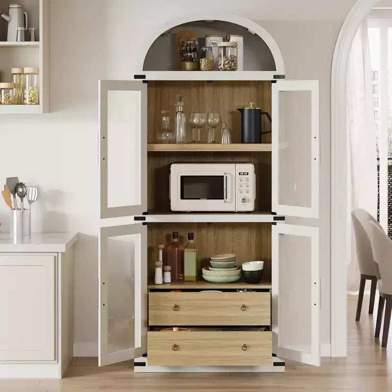 Bibliothèque haute GustoWave 71,4 pouces à arc avec 4 portes et 2 tiroirs, étagères de rangement pour vitrine de 15,8 pouces de profondeur, étagère en bois