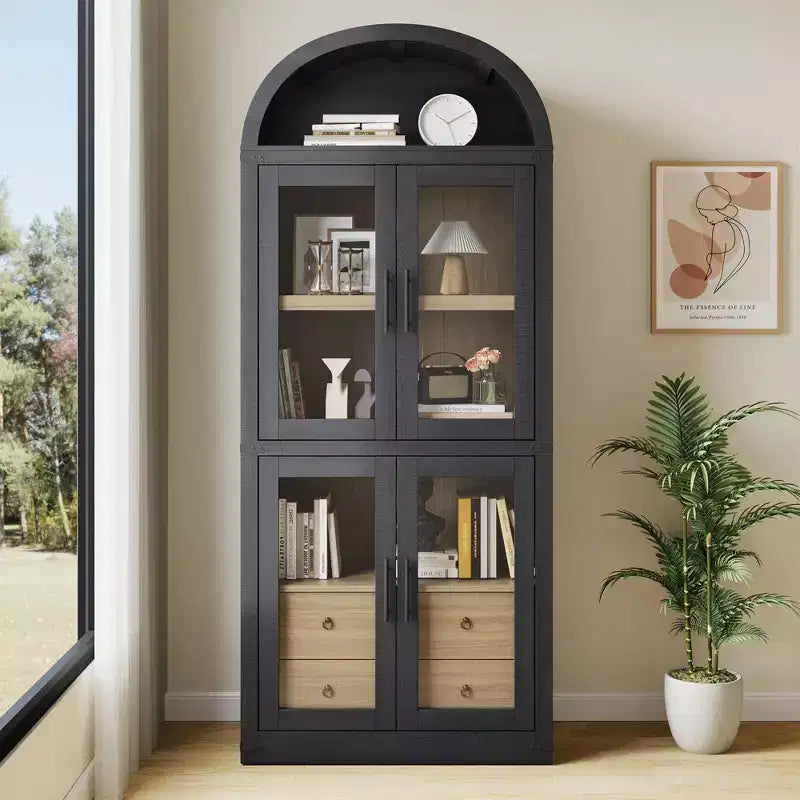 Bibliothèque haute GustoWave 71,4 pouces à arc avec 4 portes et 2 tiroirs, étagères de rangement pour vitrine de 15,8 pouces de profondeur, étagère en bois