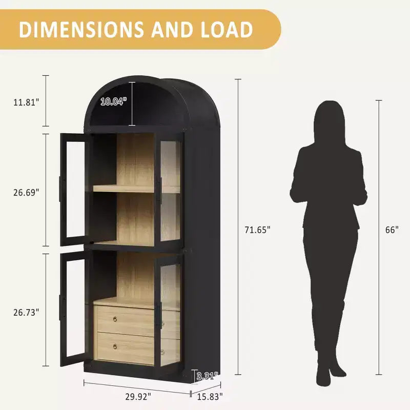 Bibliothèque haute GustoWave 71,4 pouces à arc avec 4 portes et 2 tiroirs, étagères de rangement pour vitrine de 15,8 pouces de profondeur, étagère en bois
