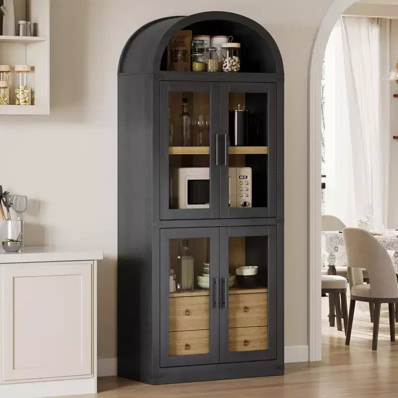 Bibliothèque haute GustoWave 71,4 pouces à arc avec 4 portes et 2 tiroirs, étagères de rangement pour vitrine de 15,8 pouces de profondeur, étagère en bois
