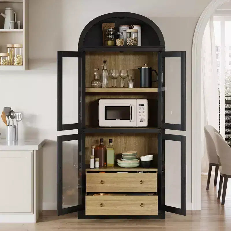 Bibliothèque haute GustoWave 71,4 pouces à arc avec 4 portes et 2 tiroirs, étagères de rangement pour vitrine de 15,8 pouces de profondeur, étagère en bois