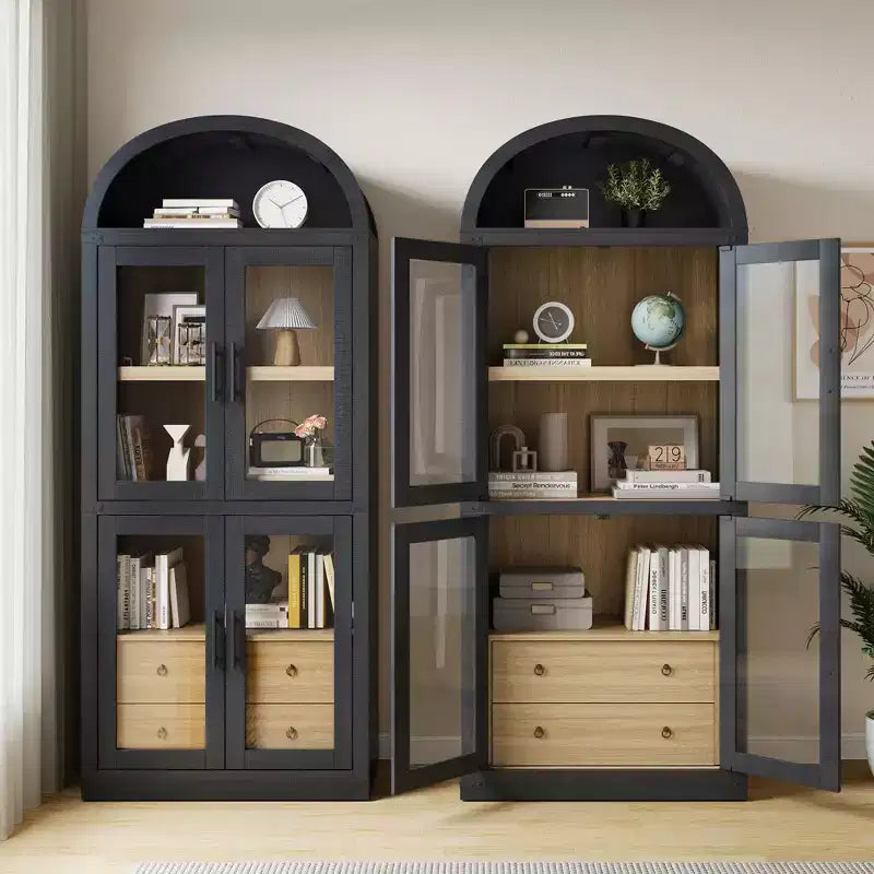 Bibliothèque haute GustoWave 71,4 pouces à arc avec 4 portes et 2 tiroirs, étagères de rangement pour vitrine de 15,8 pouces de profondeur, étagère en bois