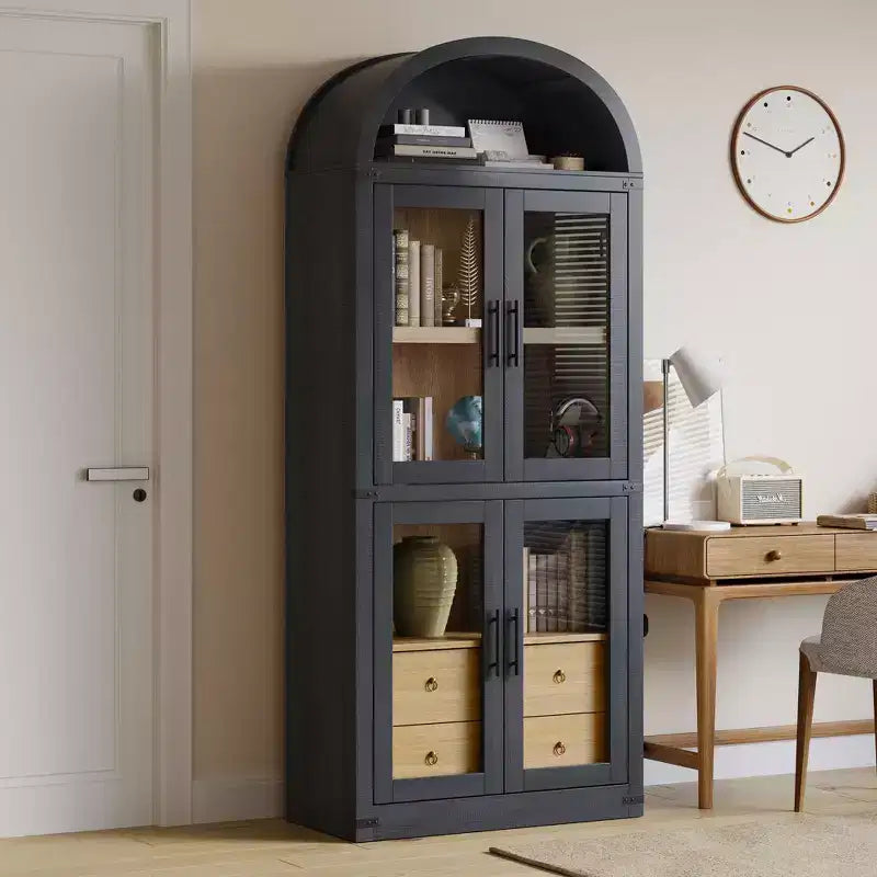 Bibliothèque haute GustoWave 71,4 pouces à arc avec 4 portes et 2 tiroirs, étagères de rangement pour vitrine de 15,8 pouces de profondeur, étagère en bois