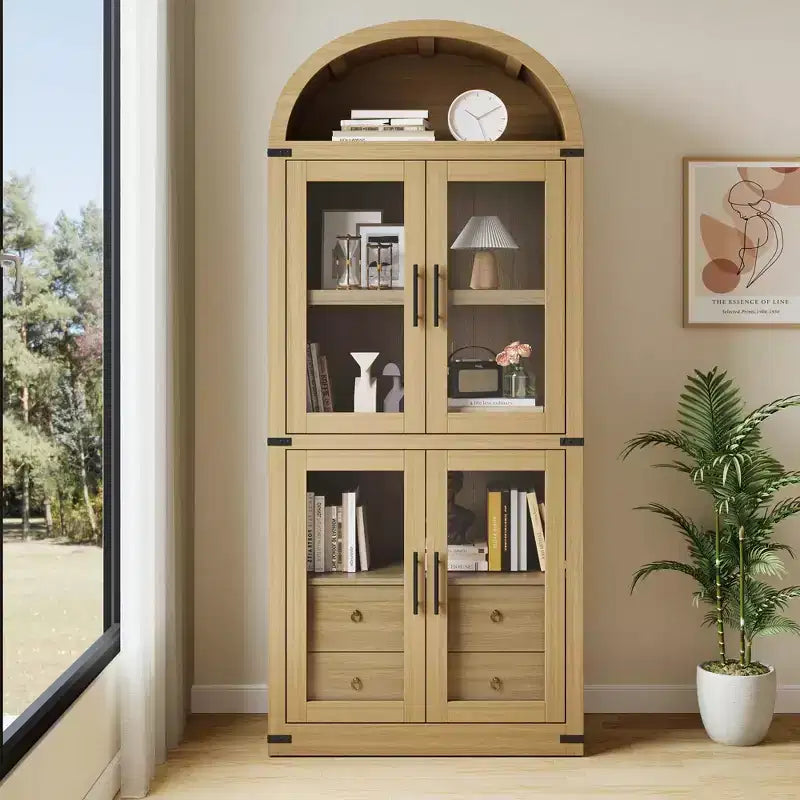 Bibliothèque haute GustoWave 71,4 pouces à arc avec 4 portes et 2 tiroirs, étagères de rangement pour vitrine de 15,8 pouces de profondeur, étagère en bois