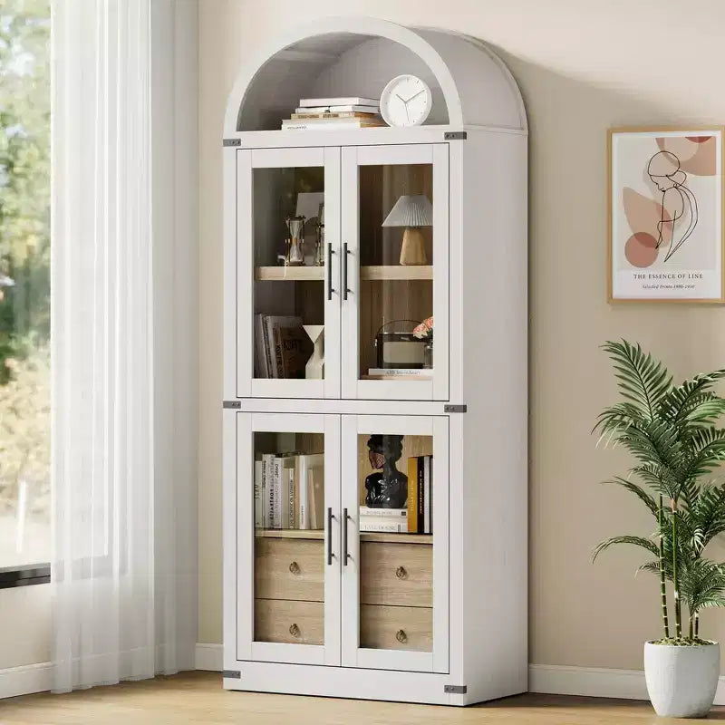 Bibliothèque haute GustoWave 71,4 pouces à arc avec 4 portes et 2 tiroirs, étagères de rangement pour vitrine de 15,8 pouces de profondeur, étagère en bois