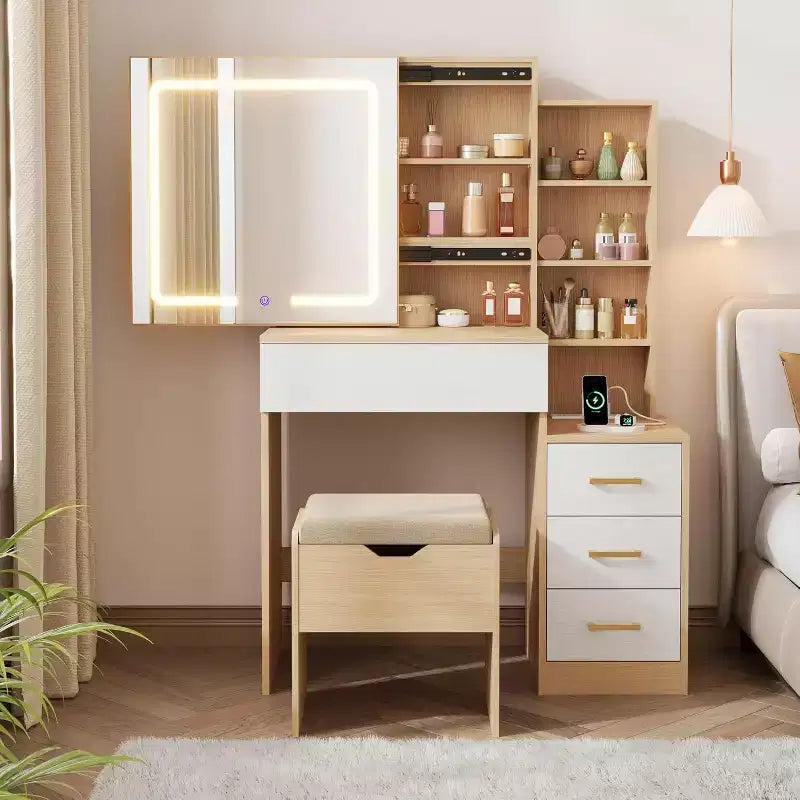 Coiffeuse moderne DobleePy avec miroir coulissant et lumières LED, 4 tiroirs, 7 étagères, station de recharge et tabouret, table de maquillage pour chambre à coucher