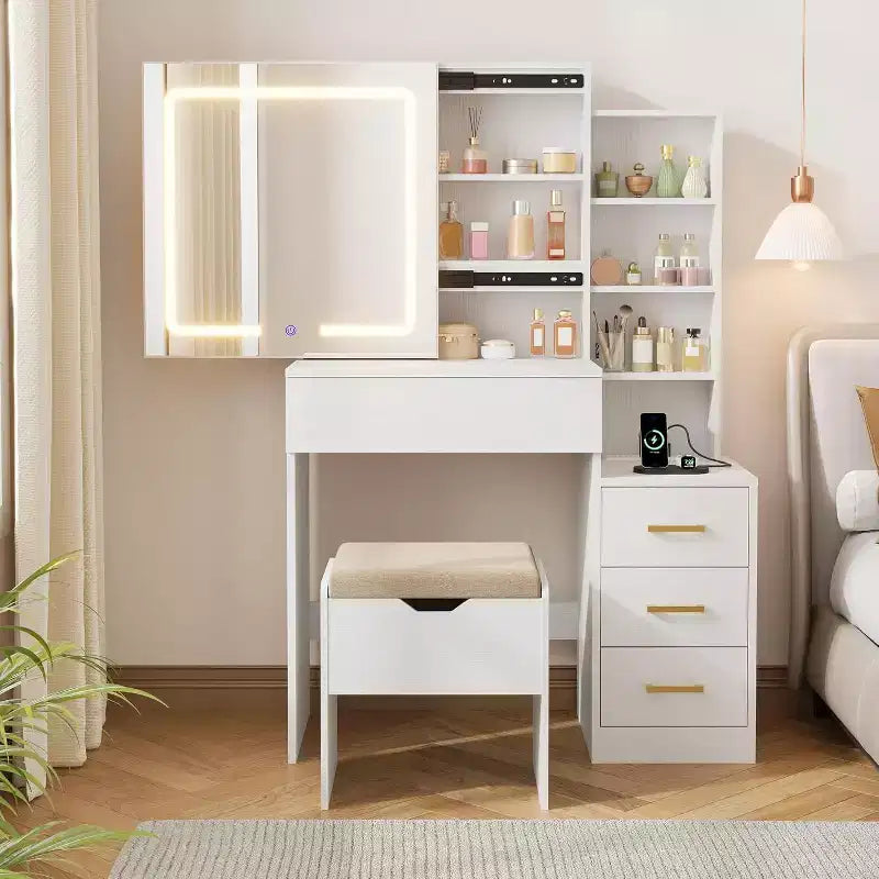 Coiffeuse moderne DobleePy avec miroir coulissant et lumières LED, 4 tiroirs, 7 étagères, station de recharge et tabouret, table de maquillage pour chambre à coucher