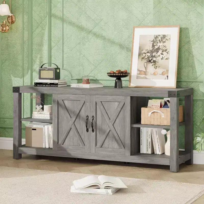 Meuble TV de ferme DobleePy 60 avec portes et étagères, centre de divertissement pour TV jusqu'à 65 pouces, rangement spacieux et durable