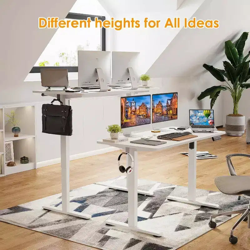 PexFix Bureau assis-debout électrique 122 x 61 cm, plateau blanc, hauteur réglable, pour ordinateur, bureau à domicile avec plateau en deux parties