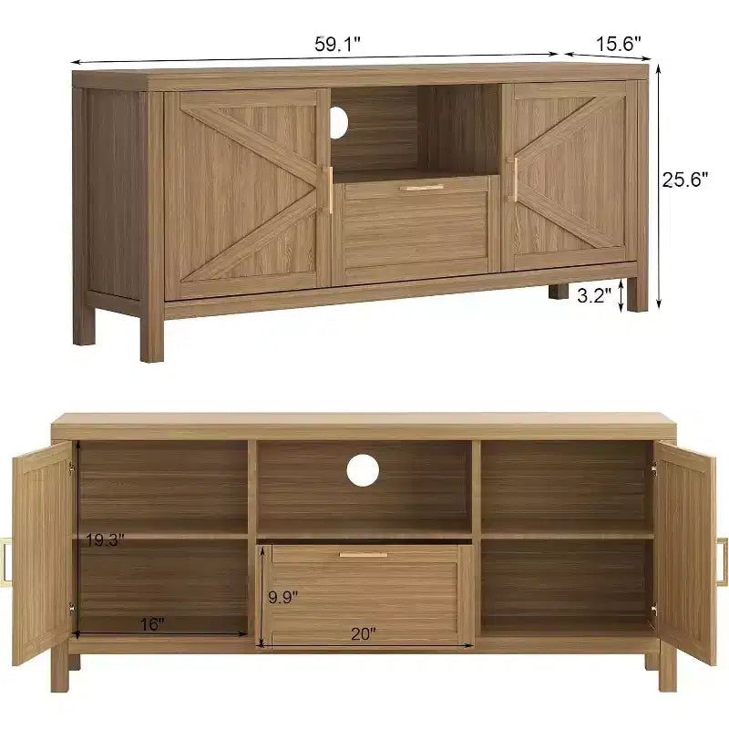 Meuble TV de ferme de 65 pouces avec porte d'armoire, console multimédia rustique avec étagère réglable et rangement pour le salon