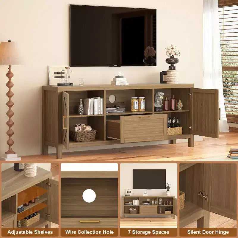 Meuble TV de ferme de 65 pouces avec porte d'armoire, console multimédia rustique avec étagère réglable et rangement pour le salon