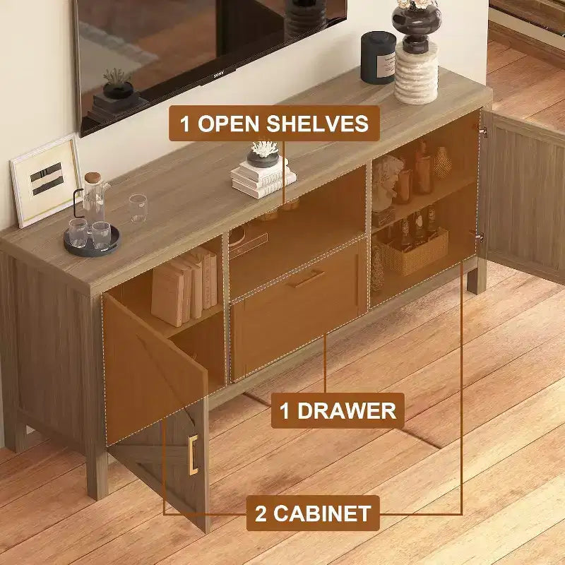 Meuble TV de ferme de 65 pouces avec porte d'armoire, console multimédia rustique avec étagère réglable et rangement pour le salon