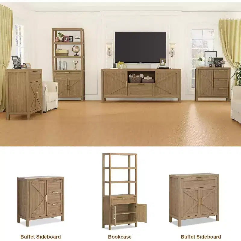 Meuble TV de ferme de 65 pouces avec porte d'armoire, console multimédia rustique avec étagère réglable et rangement pour le salon