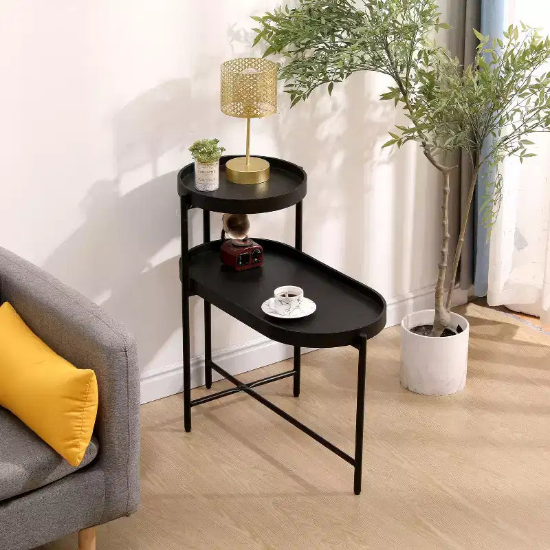 MAYEERTY 2 Tier Black Storage Side Table Metal Frame and Wooden Top for Living Room