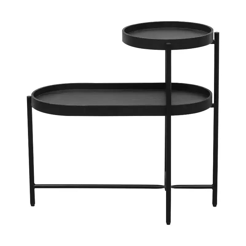MAYEERTY Table d'appoint de rangement noire à 2 niveaux, cadre en métal et plateau en bois pour salon