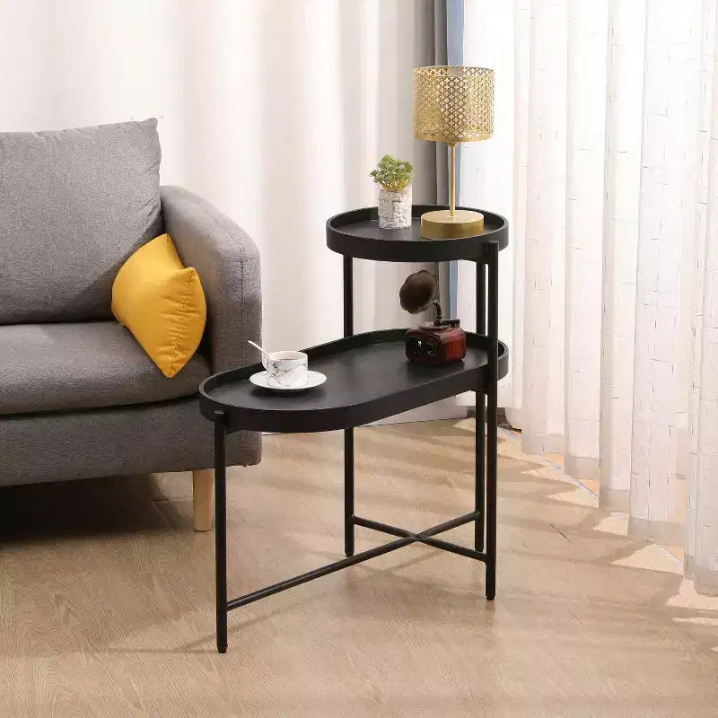 MAYEERTY Table d'appoint de rangement noire à 2 niveaux, cadre en métal et plateau en bois pour salon
