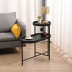 MAYEERTY Table d'appoint de rangement noire à 2 niveaux, cadre en métal et plateau en bois pour salon