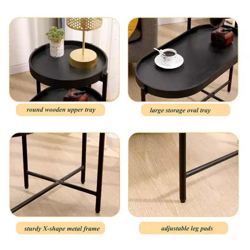 MAYEERTY Table d'appoint de rangement noire à 2 niveaux, cadre en métal et plateau en bois pour salon