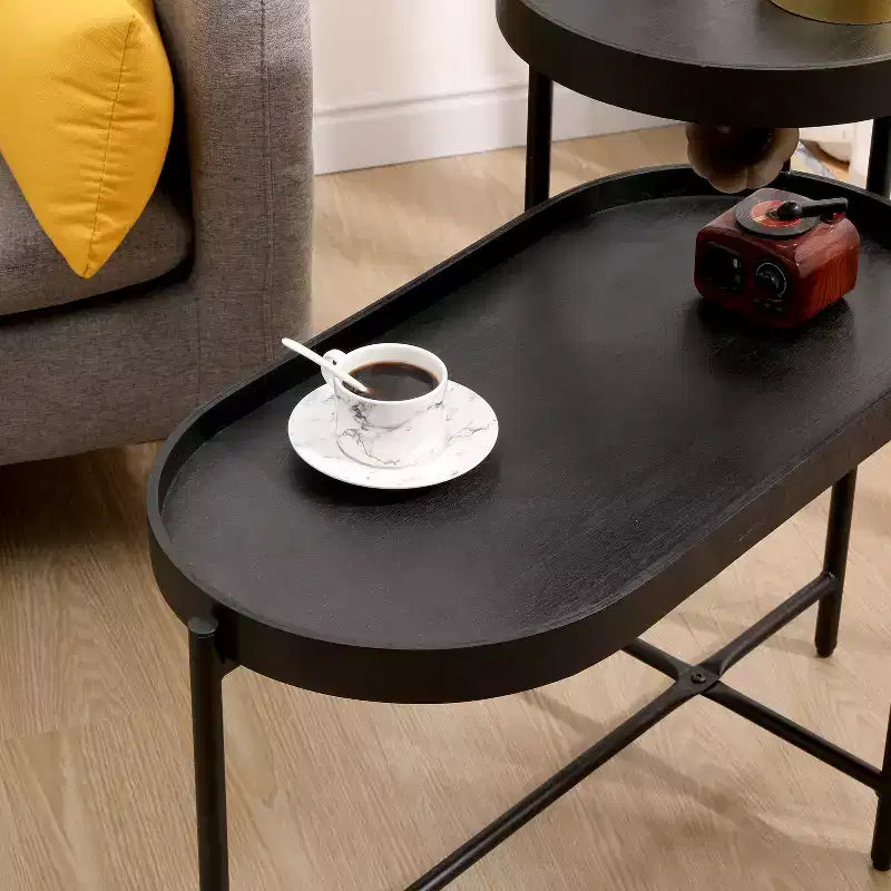 MAYEERTY Table d'appoint de rangement noire à 2 niveaux, cadre en métal et plateau en bois pour salon