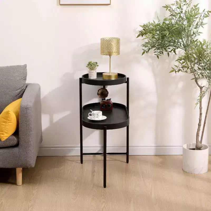 MAYEERTY Table d'appoint de rangement noire à 2 niveaux, cadre en métal et plateau en bois pour salon