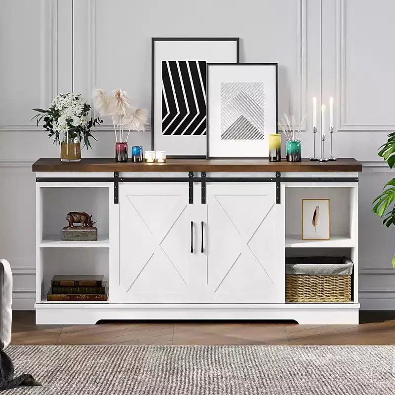 Meuble TV de ferme pour téléviseurs de 65 pouces, meuble TV avec portes de grange, rangement et étagères, meuble console TV moderne