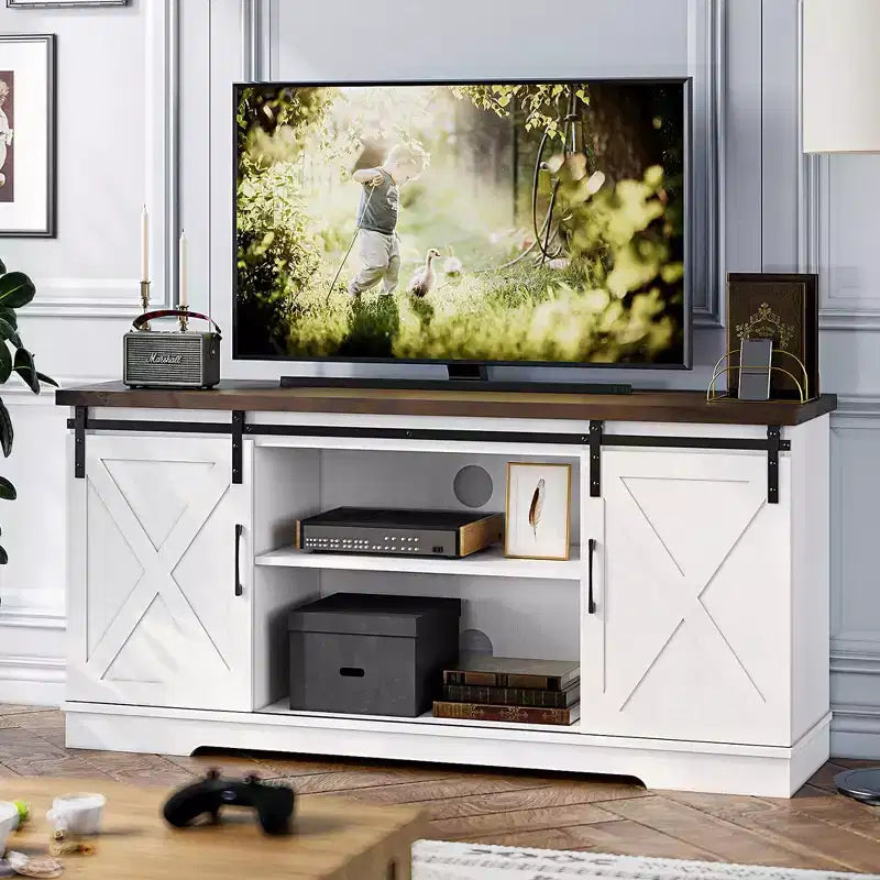 Meuble TV de ferme pour téléviseurs de 65 pouces, meuble TV avec portes de grange, rangement et étagères, meuble console TV moderne