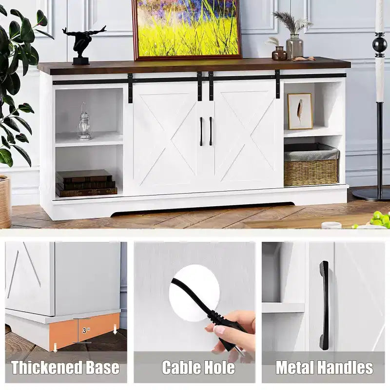 Meuble TV de ferme pour téléviseurs de 65 pouces, meuble TV avec portes de grange, rangement et étagères, meuble console TV moderne