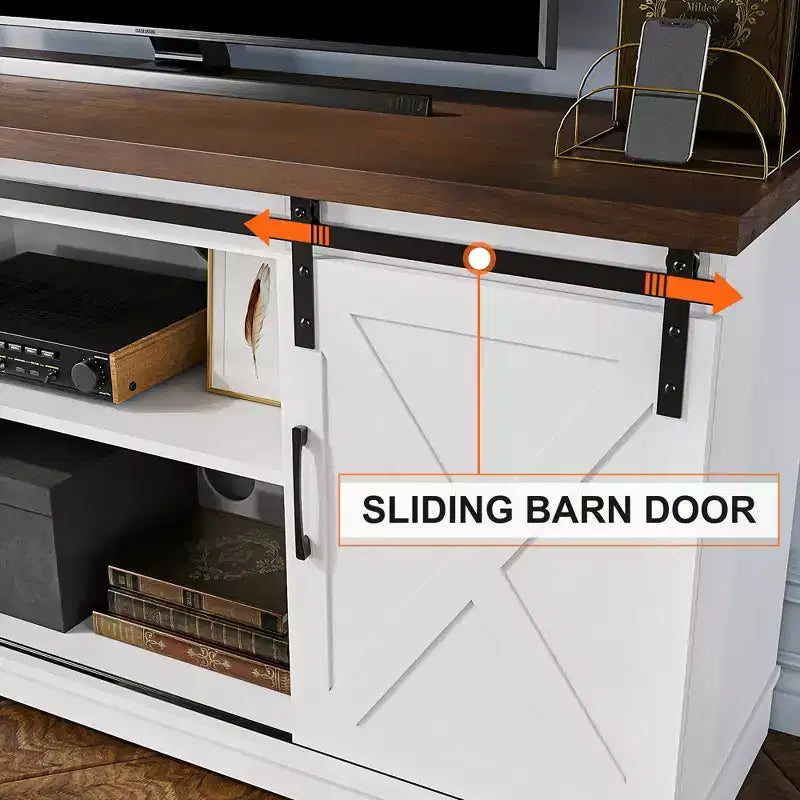 Meuble TV de ferme pour téléviseurs de 65 pouces, meuble TV avec portes de grange, rangement et étagères, meuble console TV moderne