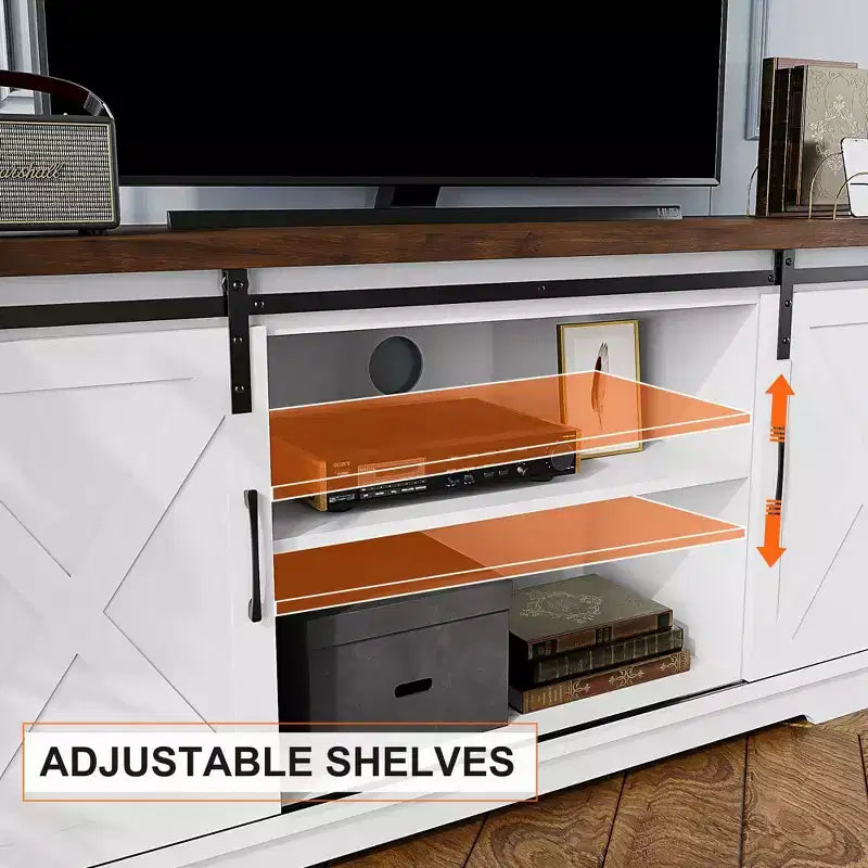 Meuble TV de ferme pour téléviseurs de 65 pouces, meuble TV avec portes de grange, rangement et étagères, meuble console TV moderne