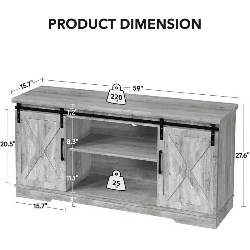 Meuble TV de ferme pour téléviseurs de 65 pouces, meuble TV avec portes de grange, rangement et étagères, meuble console TV moderne