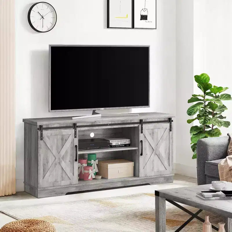 Meuble TV de ferme pour téléviseurs de 65 pouces, meuble TV avec portes de grange, rangement et étagères, meuble console TV moderne