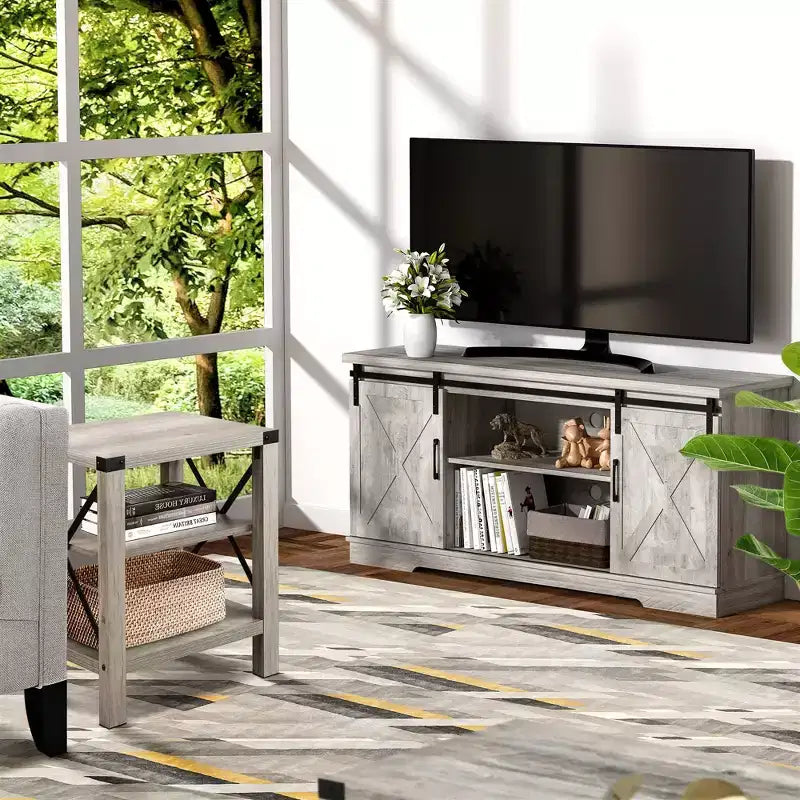 Meuble TV de ferme pour téléviseurs de 65 pouces, meuble TV avec portes de grange, rangement et étagères, meuble console TV moderne