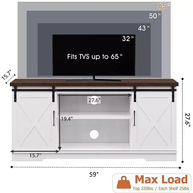 Meuble TV de ferme pour téléviseurs de 65 pouces, meuble TV avec portes de grange, rangement et étagères, meuble console TV moderne
