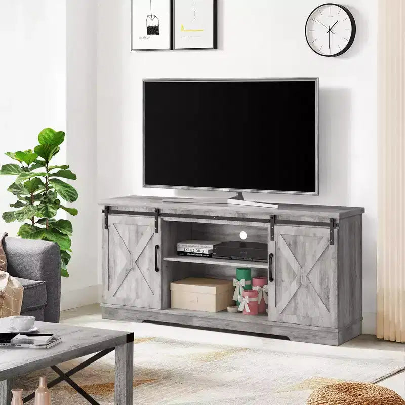 Farmhouse TV Stand for 65 Inch TVs, Barn Doors TV Stand with Storage and Shelves, Modern TV Console Table Furniture
