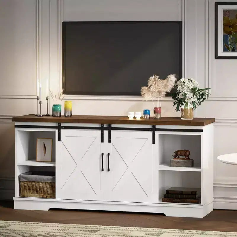 Meuble TV de ferme pour téléviseurs de 65 pouces, meuble TV avec portes de grange, rangement et étagères, meuble console TV moderne